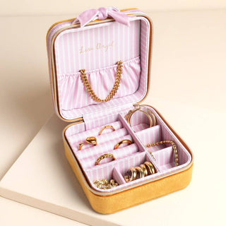 Mustard and Pink Velvet Bow Square Travel Jewelry Case