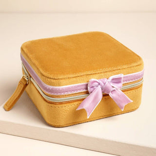 Mustard and Pink Velvet Bow Square Travel Jewelry Case