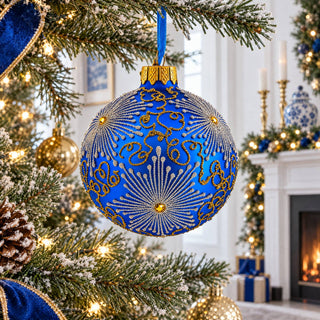 Sparkling Jeweled Snowflakes on Blue Glass Ball Ornament