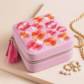 Flower Embroidered Travel Square Jewelry Case