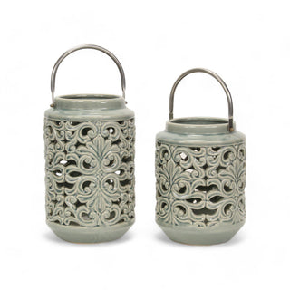 Round Garden Green Floral Inspired Lantern - Swivel Handle