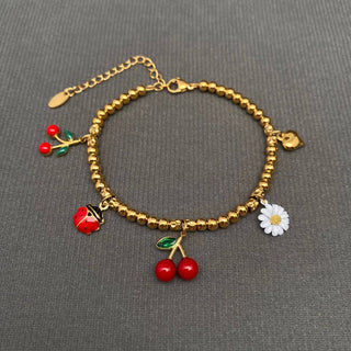 Ladybugs & Cherry & Flower 18K Golden S.Steel Bracelet - FGS