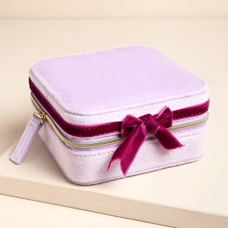 Pink and Burgundy Velvet Bow Square Travel Jewelry Case