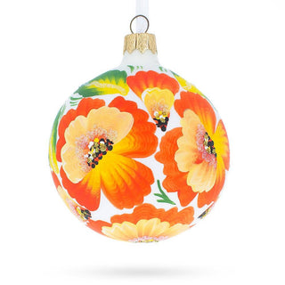 Charming Poppy Flowers on White Glass Ornament,