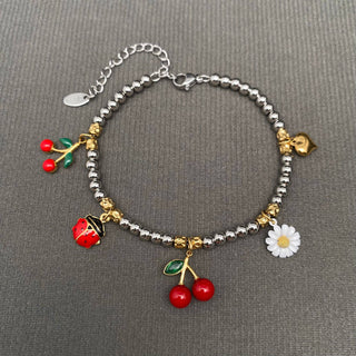 Ladybugs & Cherry & Flower 18K Golden S.Steel Bracelet - FGS