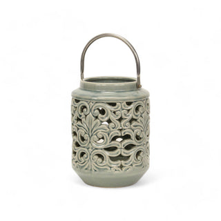 Round Garden Green Floral Inspired Lantern - Swivel Handle