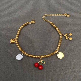 Ladybugs & Cherry & Flower 18K Golden S.Steel Bracelet - FGS