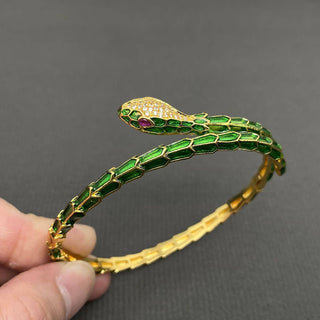 Rhinestone Inlaid Enamel Snake 18K Gold Plated Cuff