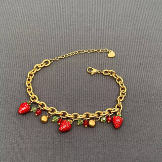Enamel Strawberry Charm 18K Gold Plated SS Bracelet - FGS