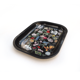 Small Metal Black Fleurs Tray / Vintage Flower Floral Dish